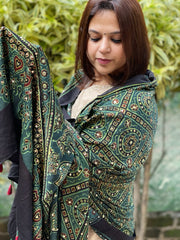 Green Handblock Printed Ajrakh Dupatta with Mukaish Handwork