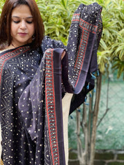 Black Handblock Printed Ajrakh Dupatta with Mukaish Handwork