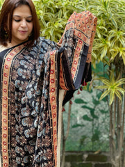 Black Handblock Printed Ajrakh Dupatta with Mukaish Handwork