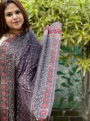 Purplish Brown Handblock Printed Ajrakh Dupatta with Mukaish Handwork