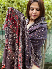 Purplish Brown Handblock Printed Ajrakh Dupatta with Mukaish Handwork