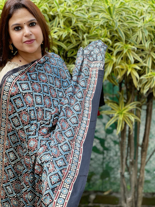 Black Handblock Printed Ajrakh Dupatta with Mukaish Handwork