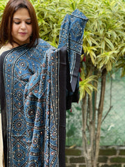 Blue Handblock Printed Ajrakh Dupatta with Mukaish Handwork