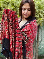 Red Handblock Printed Ajrakh Dupatta with Mukaish Handwork