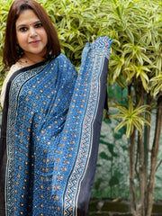 Blue Handblock Printed Ajrakh Dupatta with Mukaish Handwork