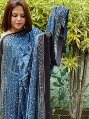 Blue Handblock Printed Ajrakh Dupatta with Mukaish Handwork