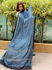 Blue Handblock Printed Ajrakh Dupatta with Mukaish Handwork