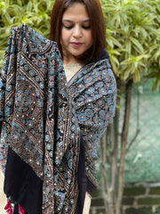 Black Handblock Printed Ajrakh Dupatta with Mukaish Handwork