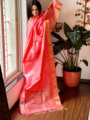Peachish Pink Woven Paithani Dupatta in Pure Silk
