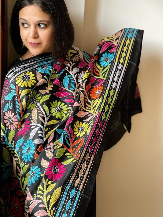 Black Handmade Nakshi Kantha Dupatta in Pure Silk