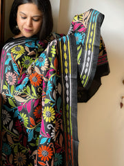 Black Handmade Nakshi Kantha Dupatta in Pure Silk