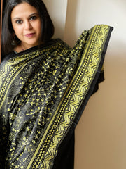 Black Handmade Nakshi Kantha Dupatta in Pure Silk
