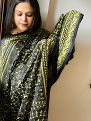 Black Handmade Nakshi Kantha Dupatta in Pure Silk