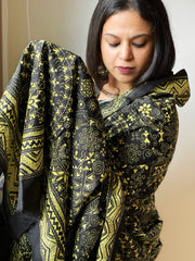 Black Handmade Nakshi Kantha Dupatta in Pure Silk