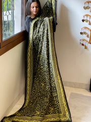 Black Handmade Nakshi Kantha Dupatta in Pure Silk