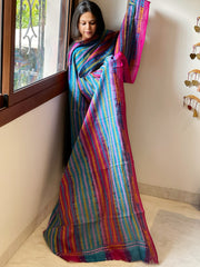 Blue, Pink Handmade Kantha Dupatta in Silk