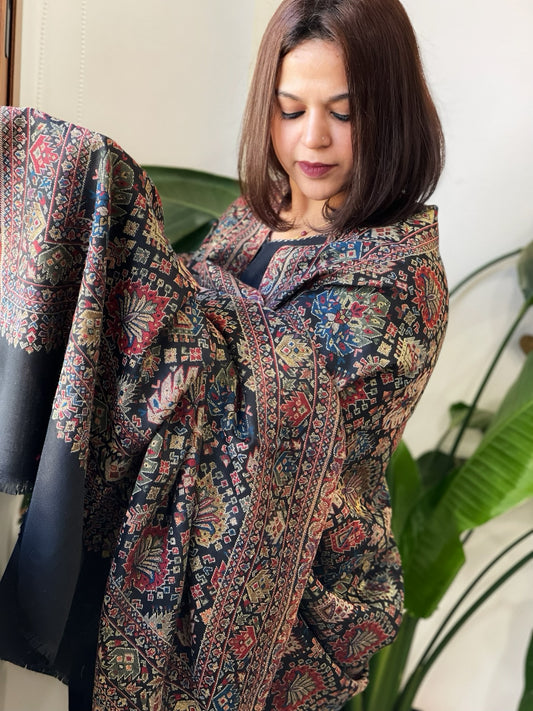 Black Woven Kaani Jaal Pashmina Shawl with Zari