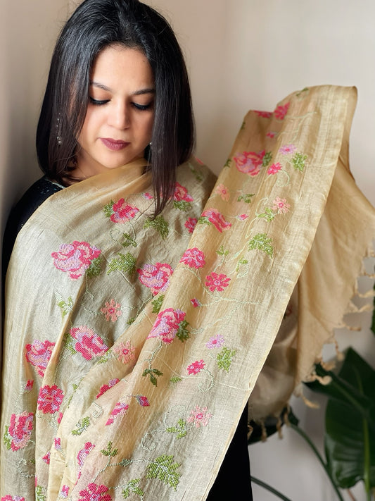 Tussar Silk Dupatta with cross-stitch embroidery