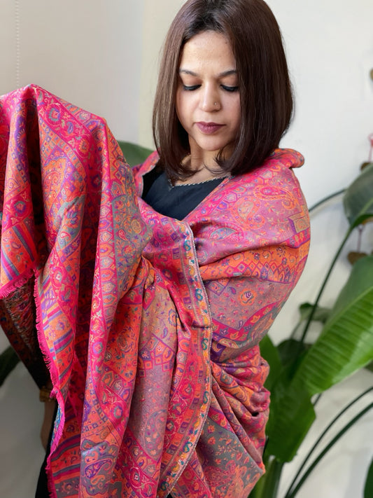 Pink Woven Kaani Jaal Pashmina Shawl with Zari