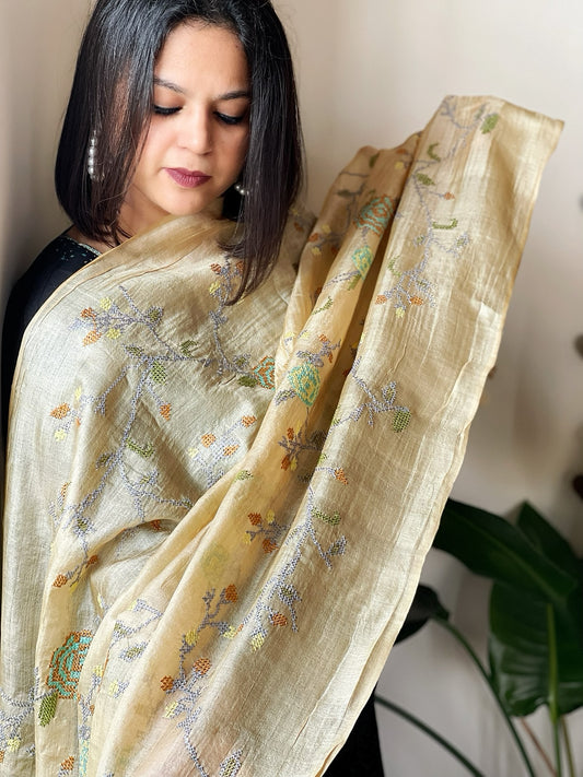 Tussar Silk Dupatta with cross-stitch embroidery