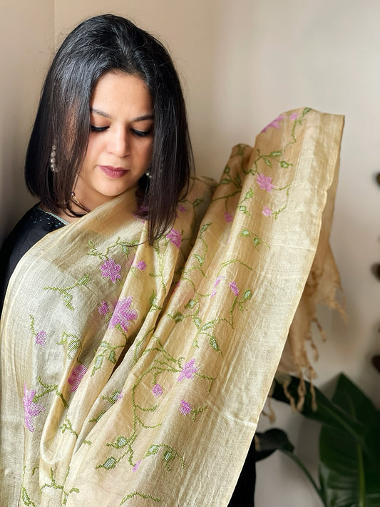 Tussar Silk Dupatta with cross-stitch embroidery