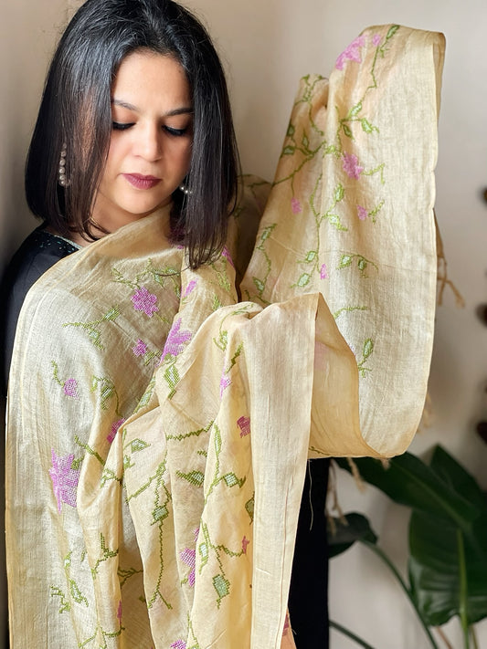 Tussar Silk Dupatta with cross-stitch embroidery