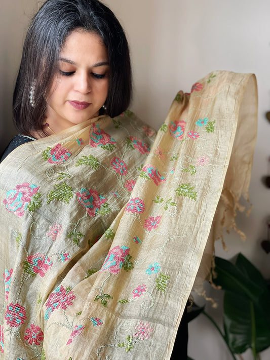 Tussar Silk Dupatta with cross-stitch embroidery