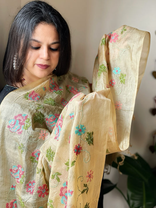 Tussar Silk Dupatta with cross-stitch embroidery