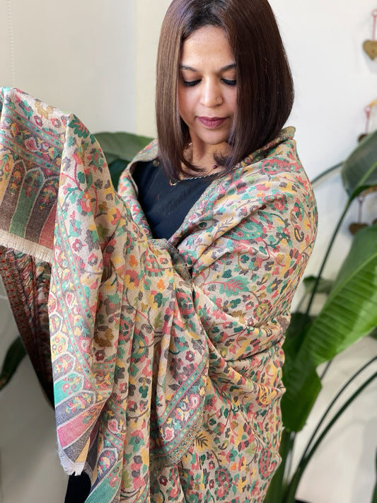 Lite Brown Woven Kaani Jaal Pashmina Shawl