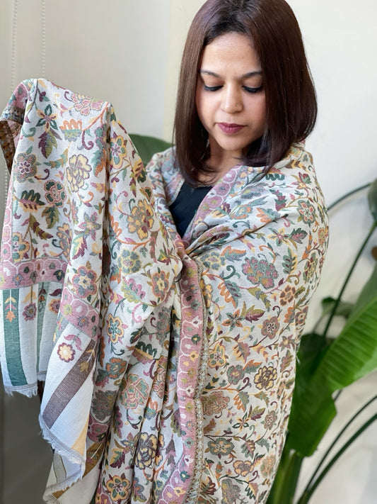 White Woven Kaani Jaal Pashmina Shawl
