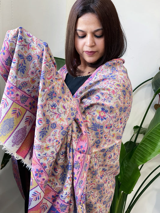 Lite Brown, Grey Woven Kaani Jaal Pashmina Shawl
