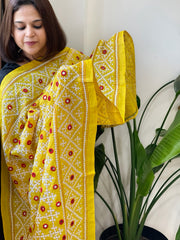 Yellow Handmade Sindhi Kadhai with Real Mirror Handwork Dupatta in Pure Silk