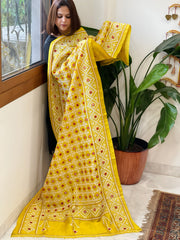 Yellow Handmade Sindhi Kadhai with Real Mirror Handwork Dupatta in Pure Silk