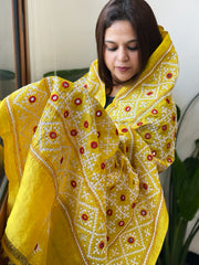 Yellow Handmade Sindhi Kadhai with Real Mirror Handwork Dupatta in Pure Silk