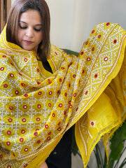 Yellow Handmade Sindhi Kadhai with Real Mirror Handwork Dupatta in Pure Silk