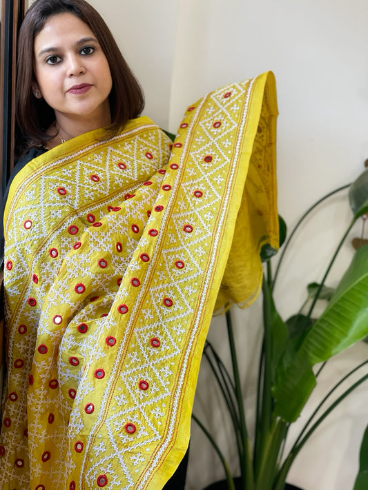 Yellow Handmade Sindhi Kadhai with Real Mirror Handwork Dupatta in Pure Silk
