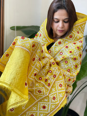 Yellow Handmade Sindhi Kadhai with Real Mirror Handwork Dupatta in Pure Silk