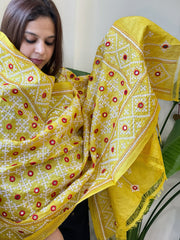 Yellow Handmade Sindhi Kadhai with Real Mirror Handwork Dupatta in Pure Silk