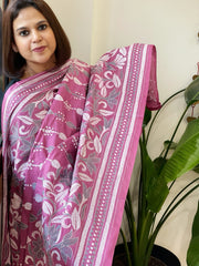 Pink Handmade Nakshi Kantha Dupatta in Pure Silk
