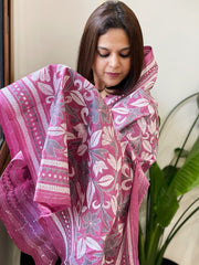 Pink Handmade Nakshi Kantha Dupatta in Pure Silk