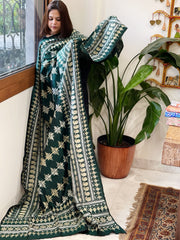 Green Handmade Nakshi Kantha Dupatta in Pure Silk