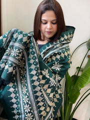 Green Handmade Nakshi Kantha Dupatta in Pure Silk