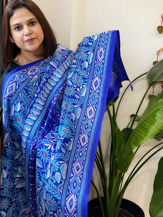 Blue Handmade Nakshi Kantha Dupatta in Pure Silk