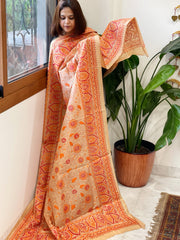 Beige Handmade Nakshi Kantha Dupatta in Pure Silk