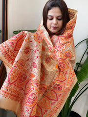 Beige Handmade Nakshi Kantha Dupatta in Pure Silk