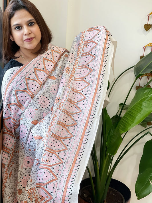 Ivory Handmade Nakshi Kantha Dupatta in Pure Silk