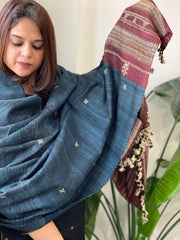 Dark Teal Handwoven Bhujodi Shawl in Pure Tussar and Wool