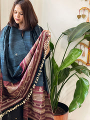 Dark Teal Handwoven Bhujodi Shawl in Pure Tussar and Wool