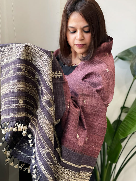 Wine Handwoven Bhujodi Shawl in Pure Tussar and Wool