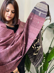 Wine Handwoven Bhujodi Shawl in Pure Tussar and Wool
